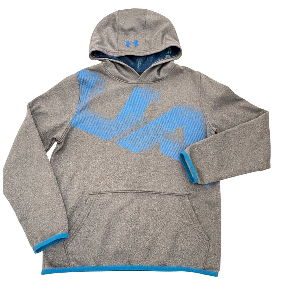 Under Armour Hoodie Boys Size Large Cold Gear Gray Blue Pullover Fleece Sporty